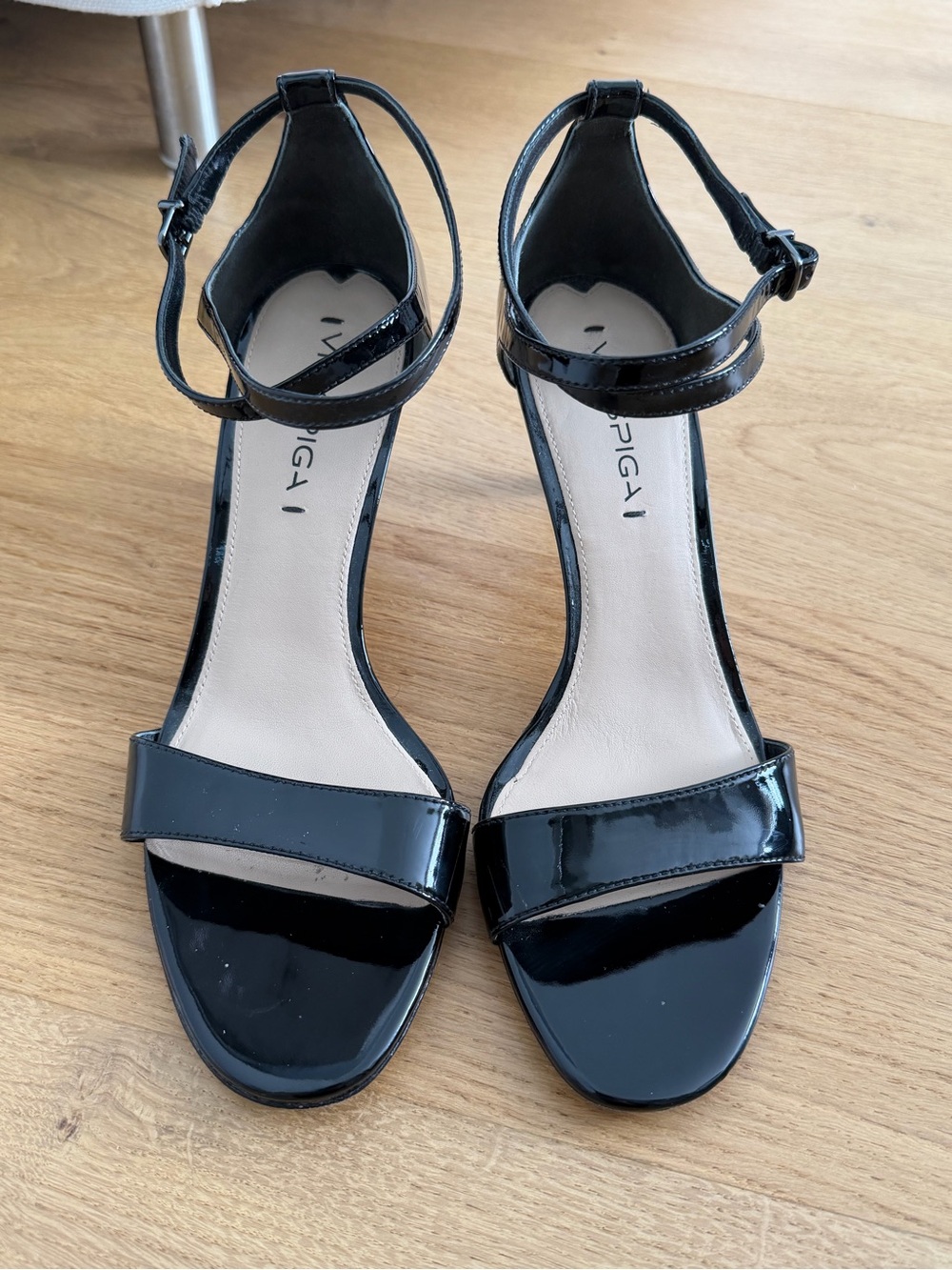 Via Spiga Black Patent Ankle-Strap Sandals